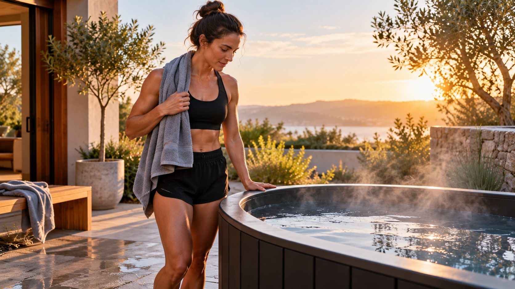 Athlete with a towel beside an outdoor cold plunge at sunrise