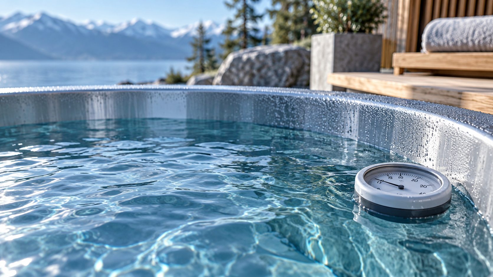 Floating thermometer in a clear cold plunge tub overlooking a mountain lake