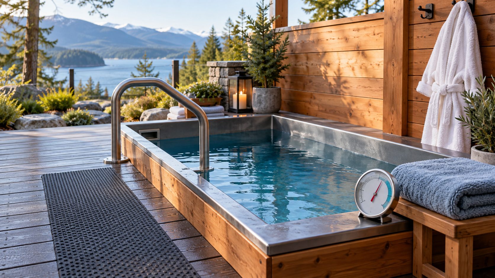 Cold plunge tub with handrail, non-slip mat, thermometer, towel and robe